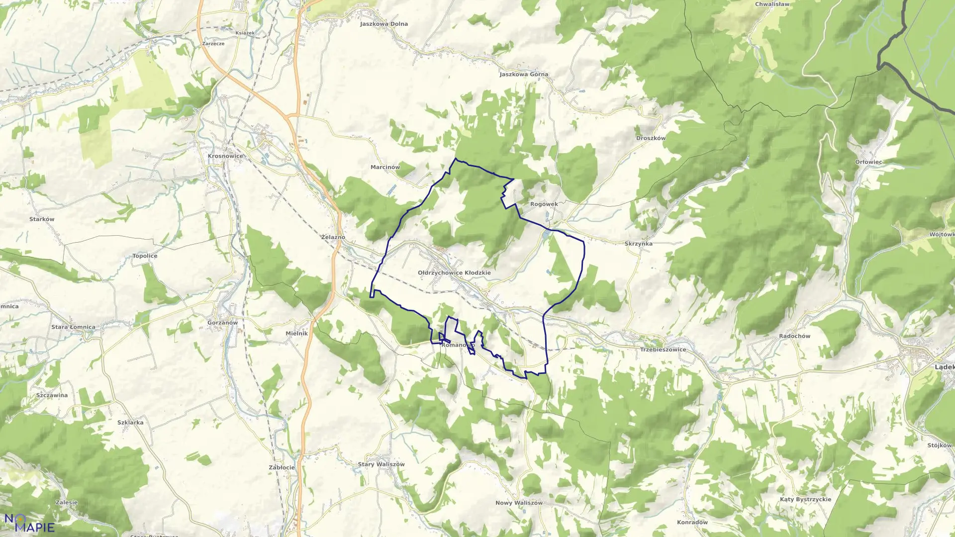 Mapa obrębu Ołdrzychowice Kł. w gminie Kłodzko