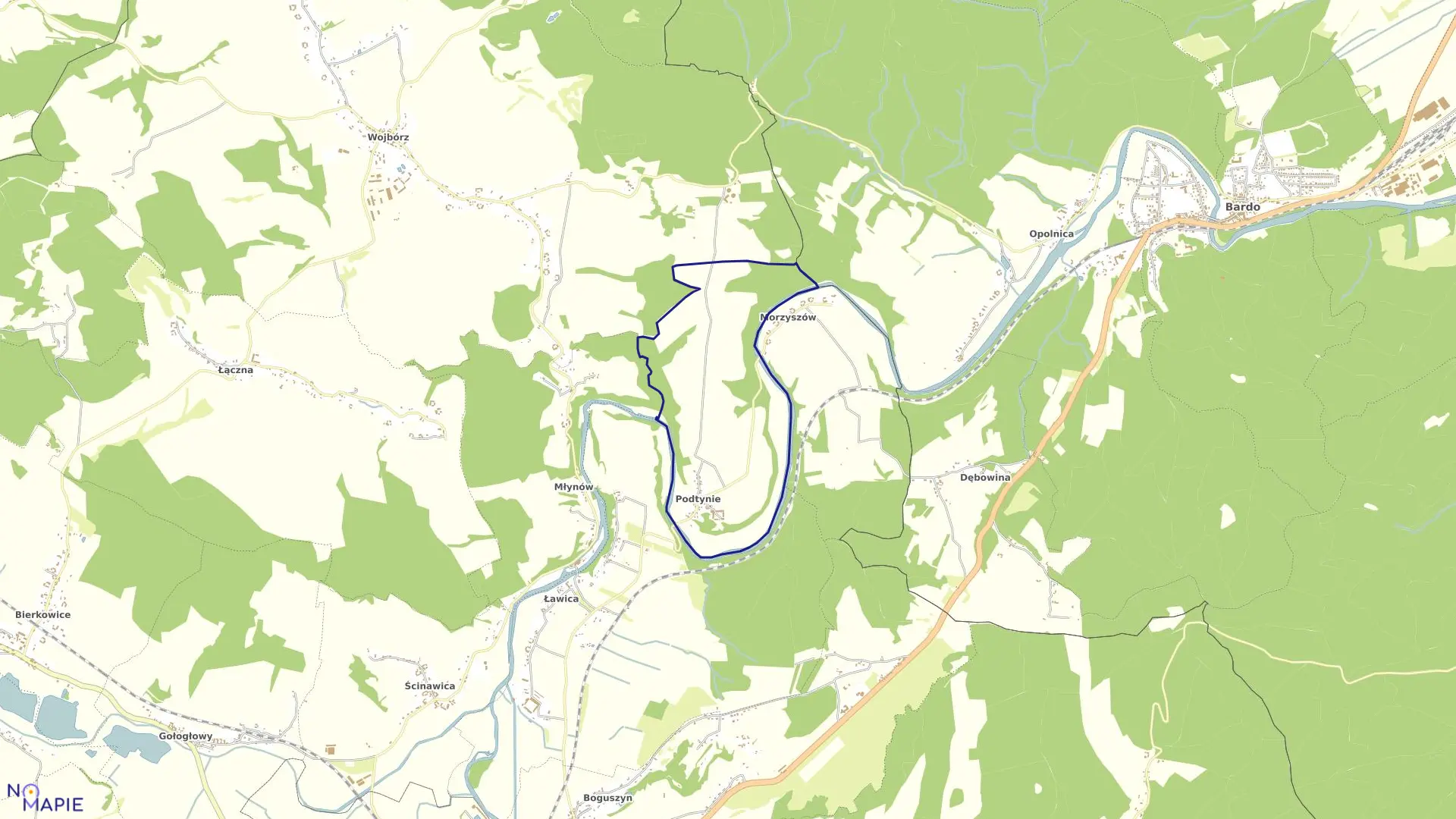 Mapa obrębu Podtynie w gminie Kłodzko