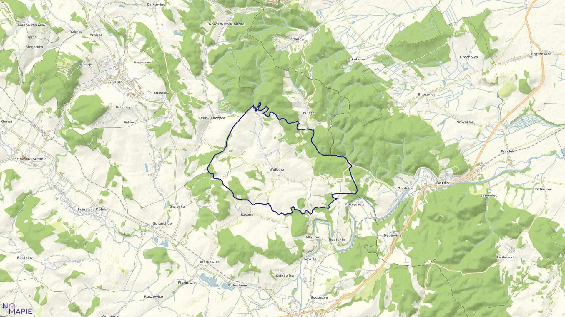 Mapa obrębu Wojbórz w gminie Kłodzko